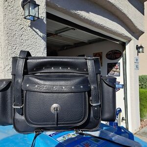 Classic Black Leather Motorcycle Saddlebag with Stud Accents
